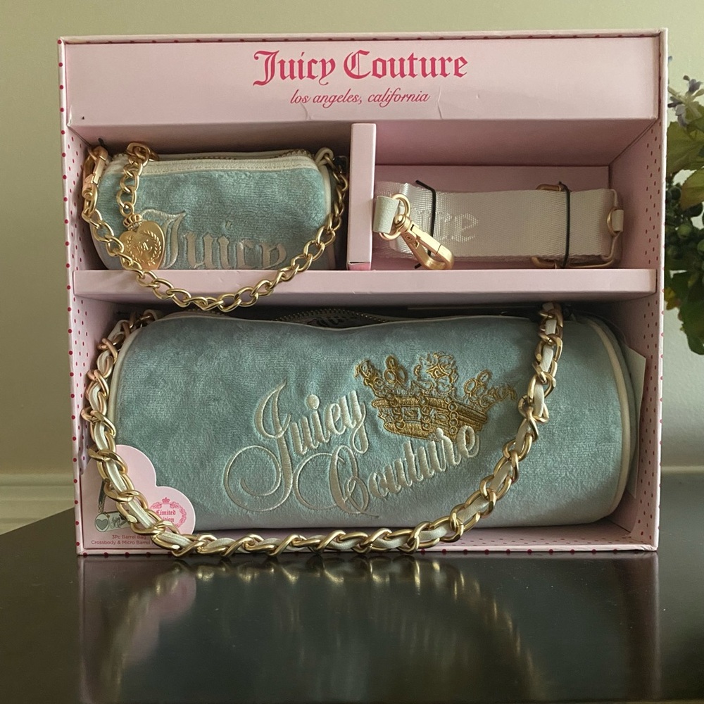 NWT Juicy Couture Heritage 3 Piece Barrel Bag Gift Set, Dusty Blue